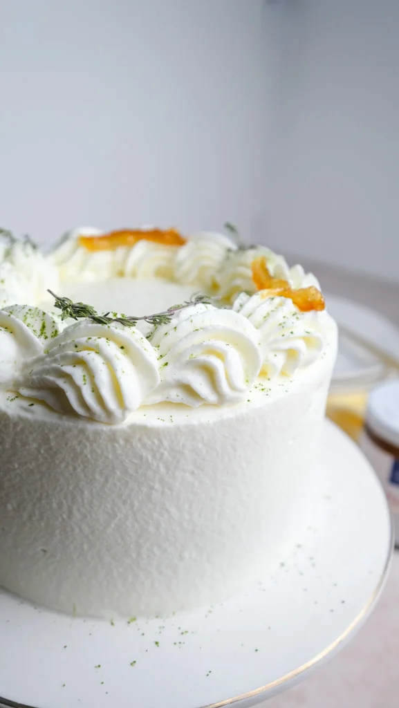 matcha cake frosted with whipped cream and a border of whipped cream 