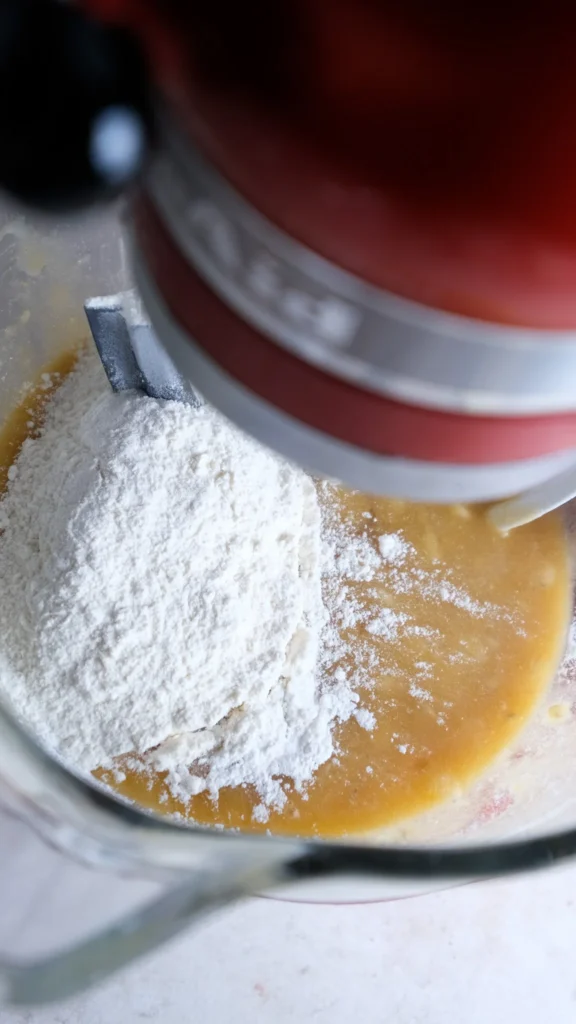 salted caramel banana cake mixing wet with dry ingredients 