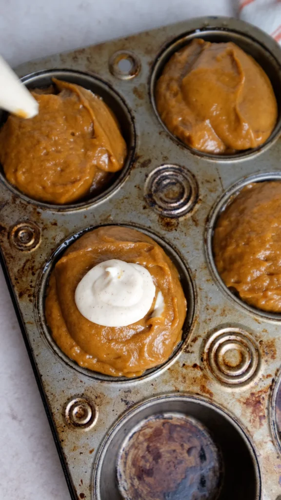 Pumpkin cream cheese muffins cream cheese scooped into muffin tin with cream cheese filling in 