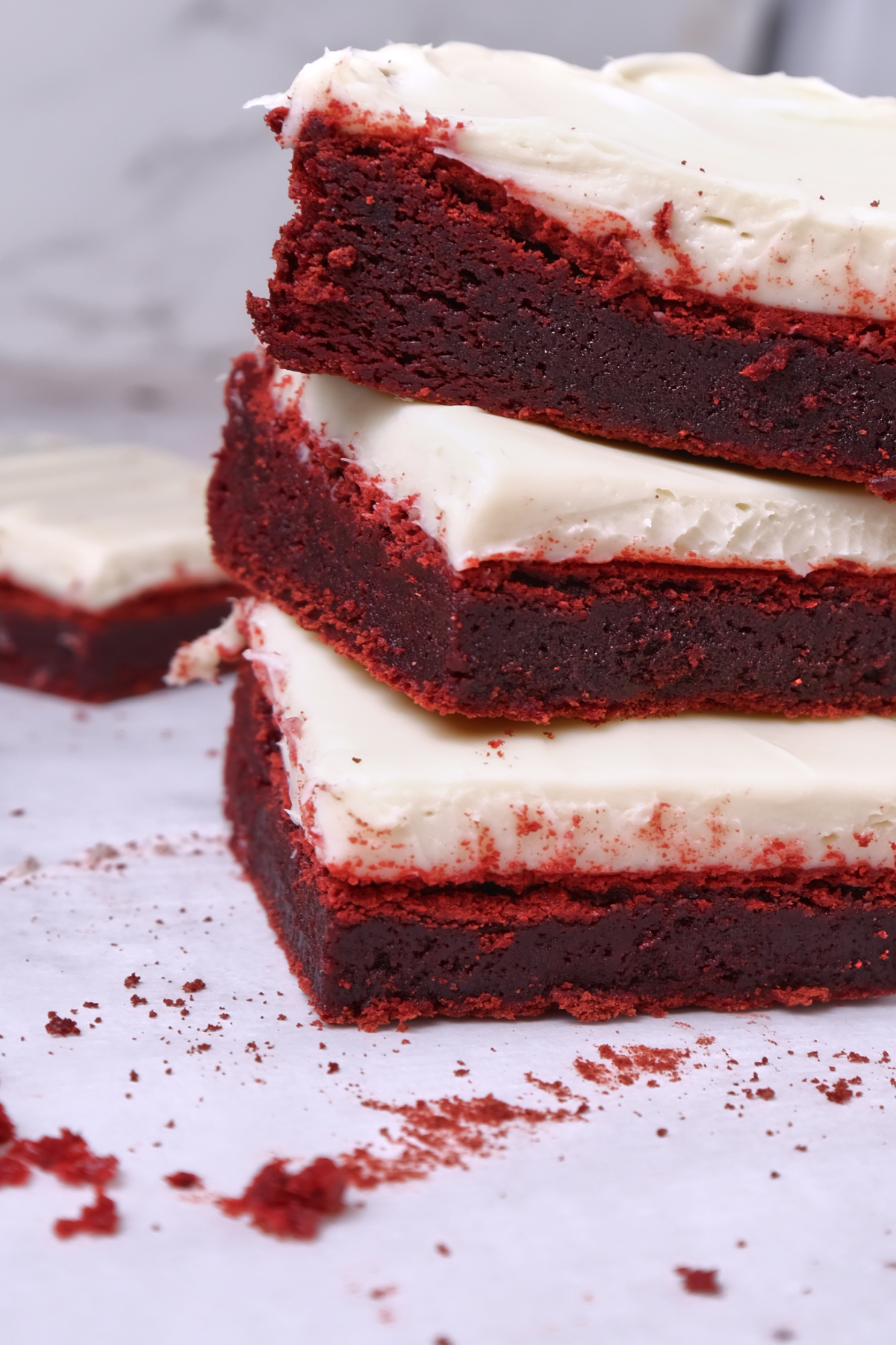 red velvet brownies stacked 