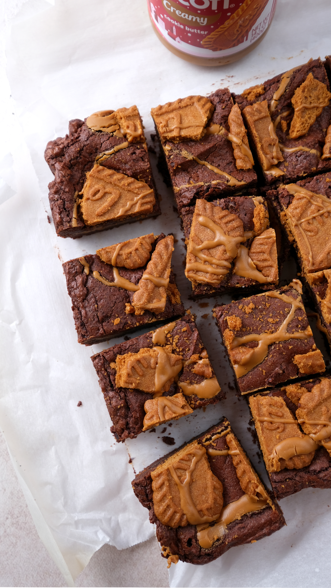 biscoff brownies cut into squares 