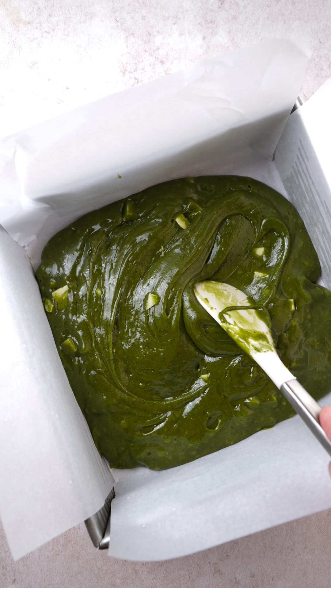 matcha brownies in baking pan 