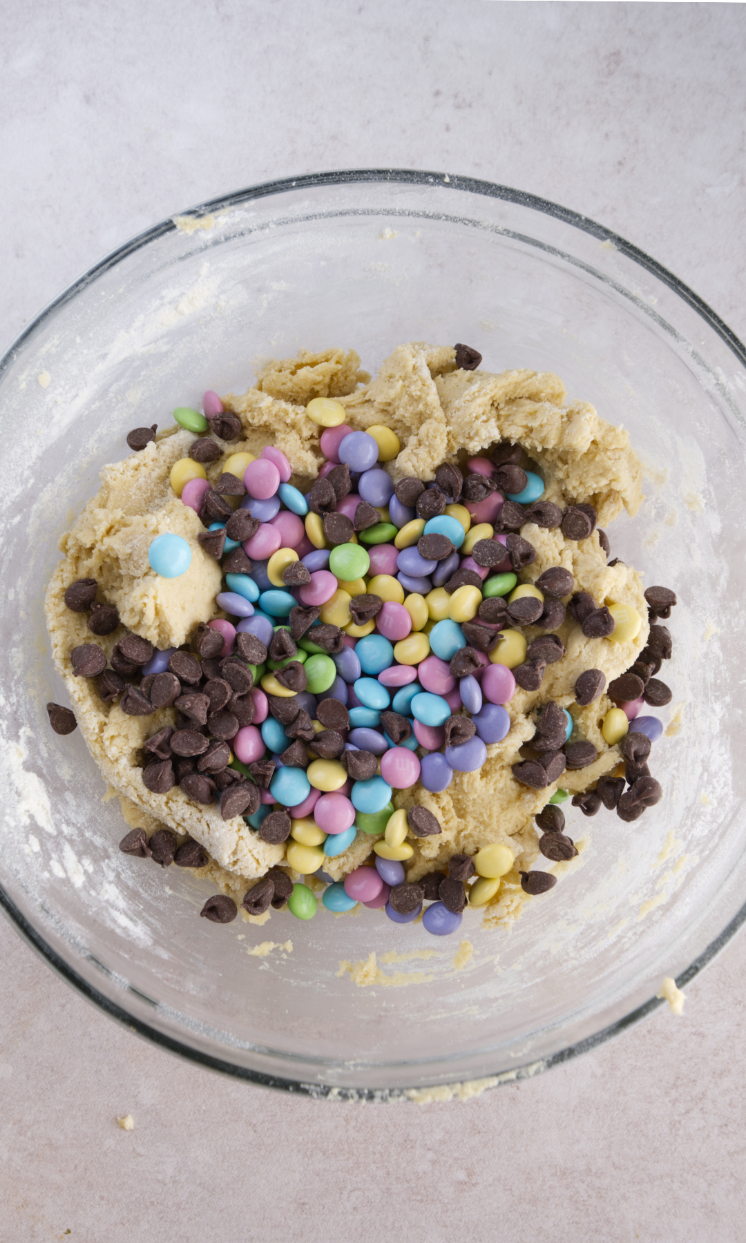 easter m&m Cookies batter with m&ms added