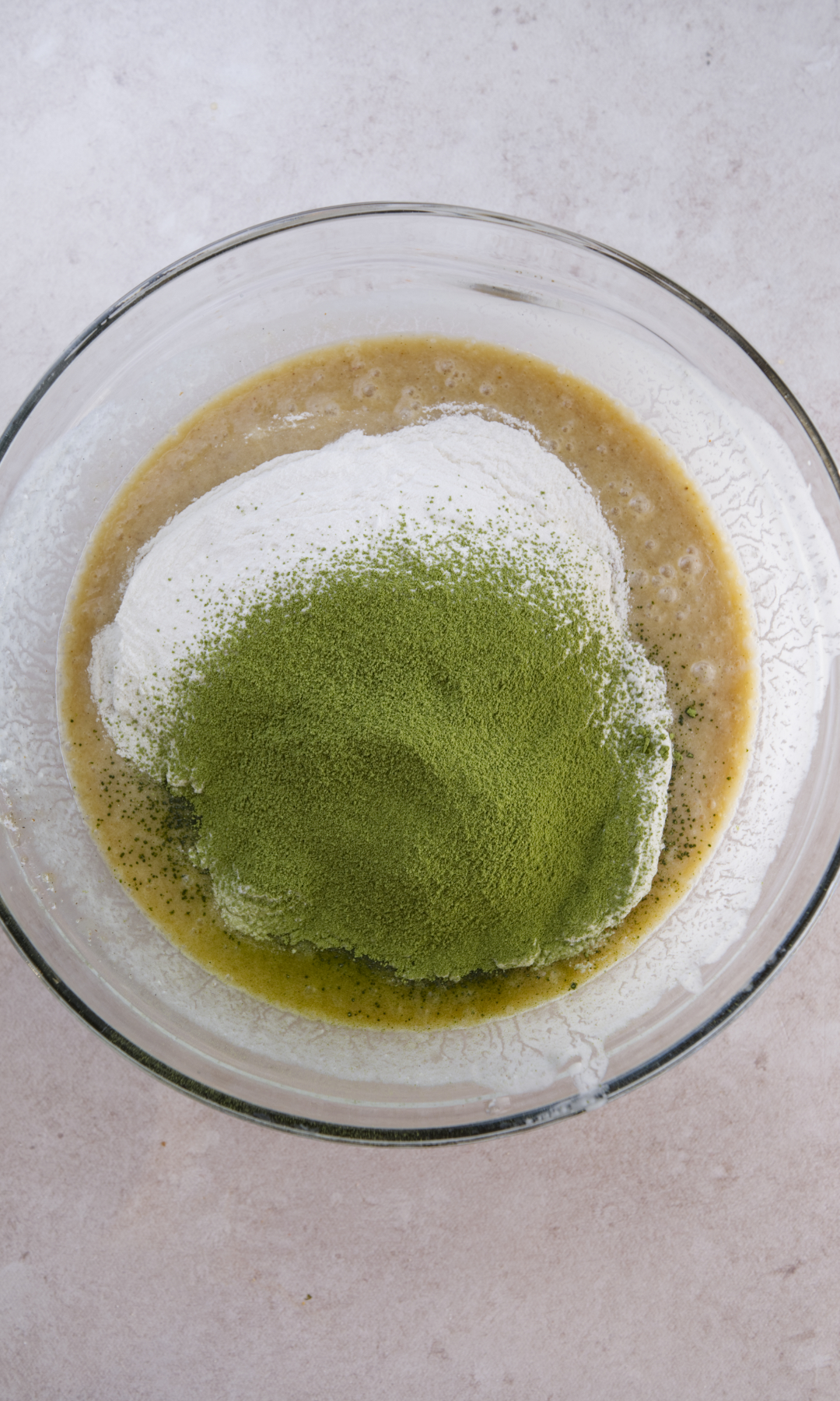 matcha mochi muffins dry ingredients added to wet