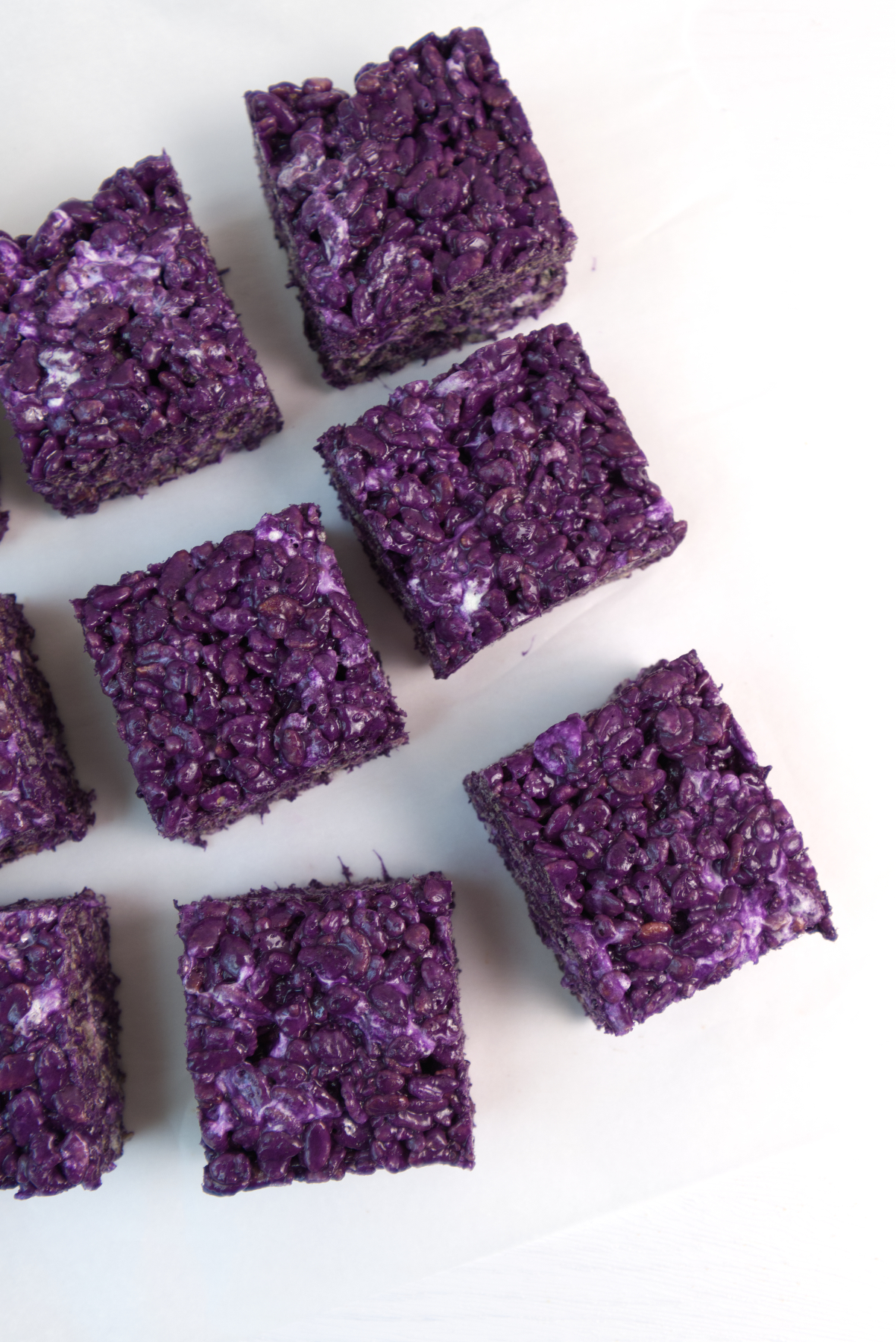 ube rice krispies cut into squares