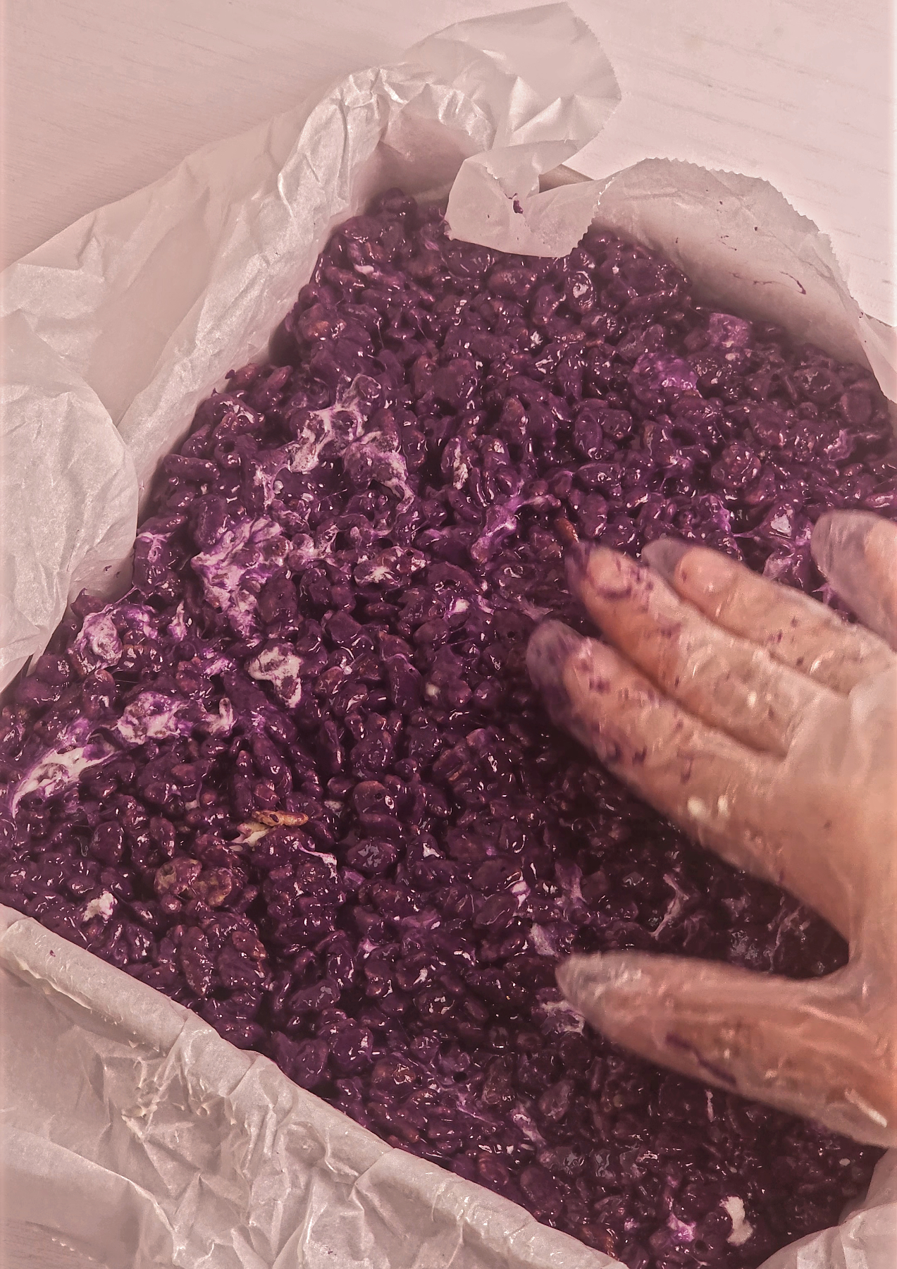 ube rice krispies in 8x8 inch pan