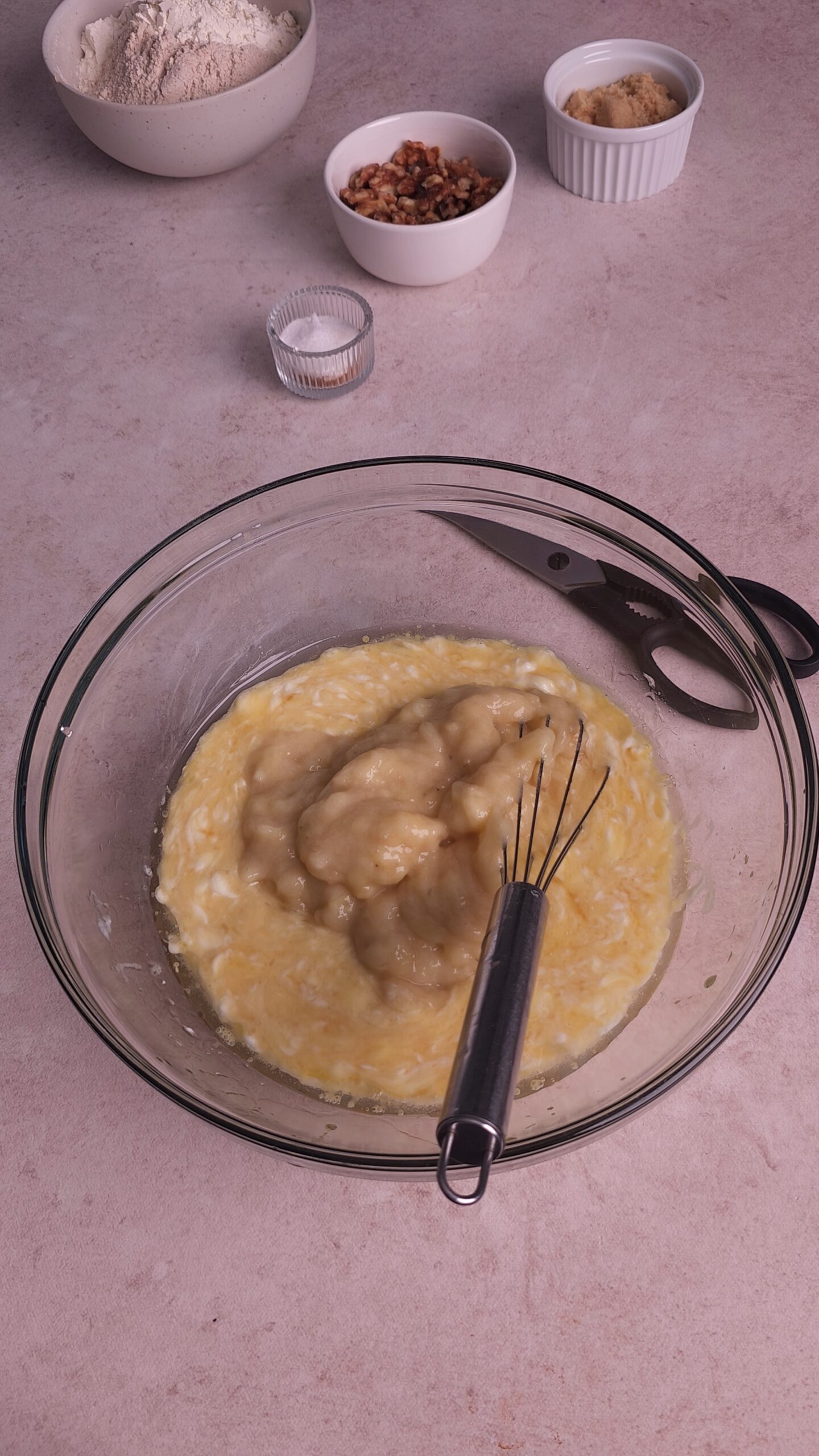 ripe mashed bananas are added