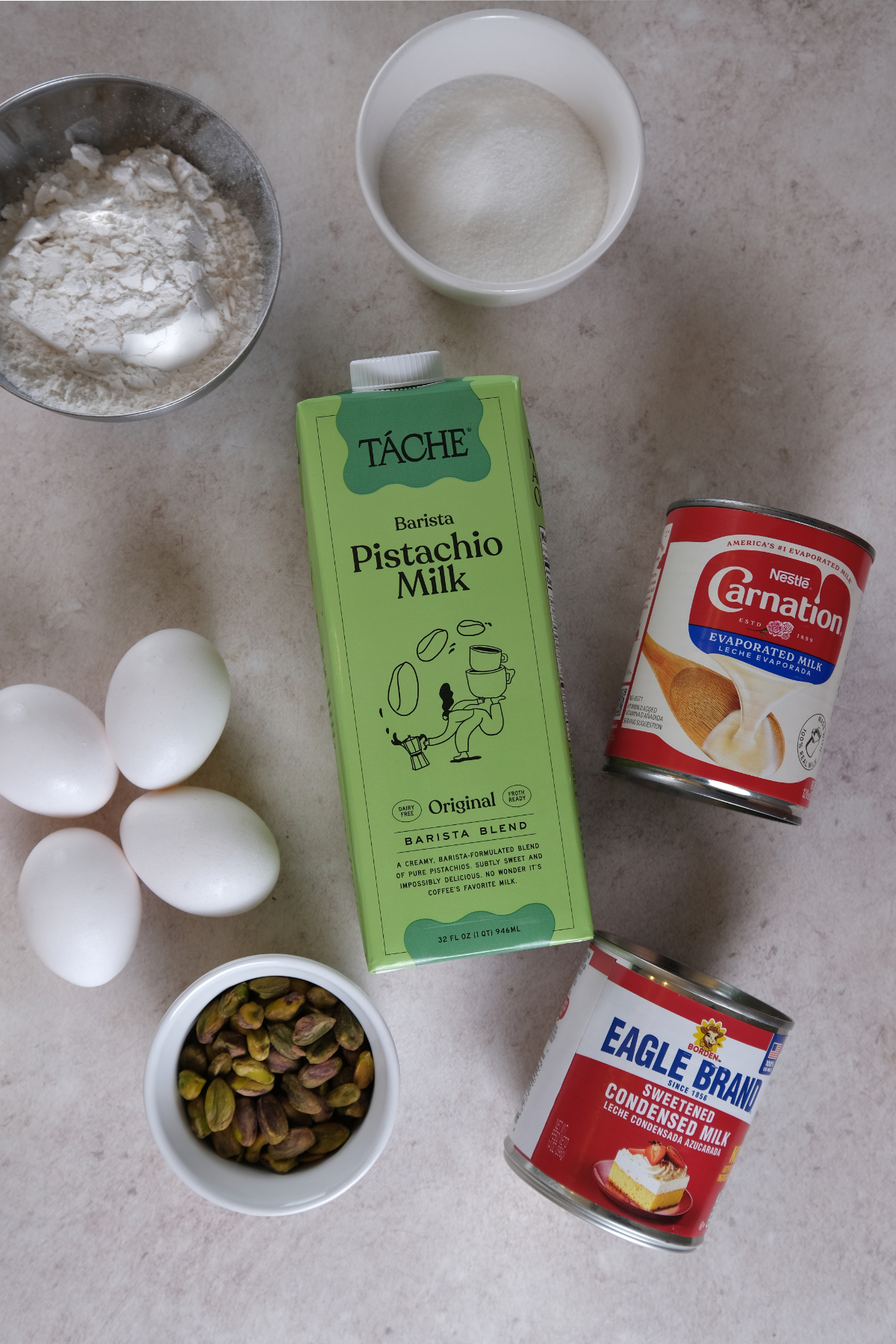 pistachio tres leches ingredients laid out