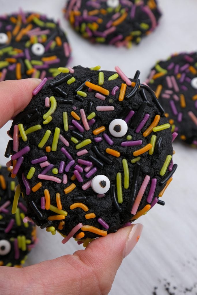 Halloween sprinkle cookie, holding with two fingers for image